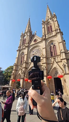 Renter filming the Sacred Heart Cathedral in Guangzhou with a rented DJI Pocket camera