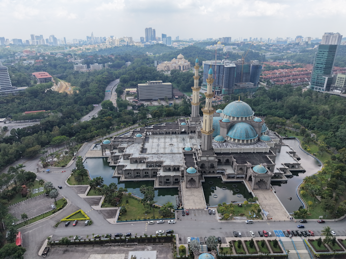 Aerial drone shot of the Federal Territory Mosque in Kuala Lumpur