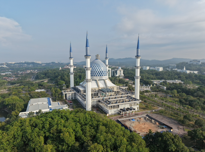 Aerial drone view of the Sultan Salahuddin Abdul Aziz Mosque in Shah Alam