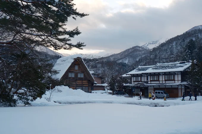 Snow-covered village houses in Shirakawa-go, Japan